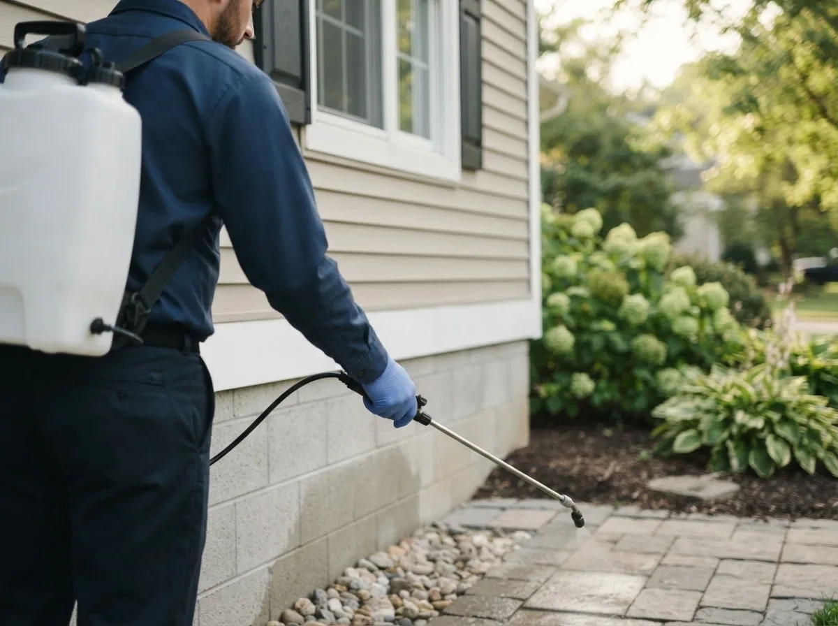 Pest control technician inspecting a home in Nevada, IA